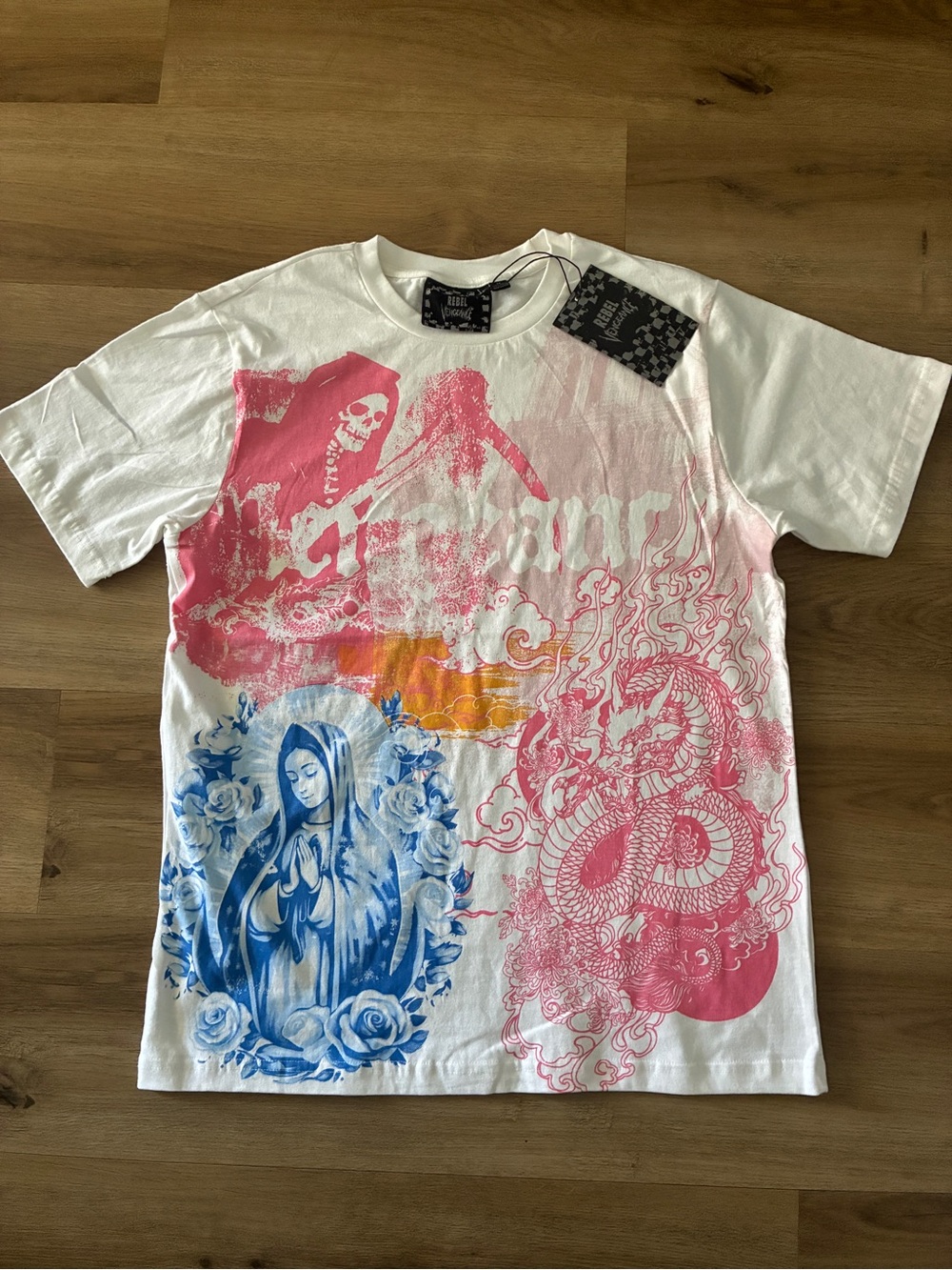 Rebel Vengeance Graphic TShirt NWT Virgin Mary Dragon Grim Reaper Y2K Streetwear